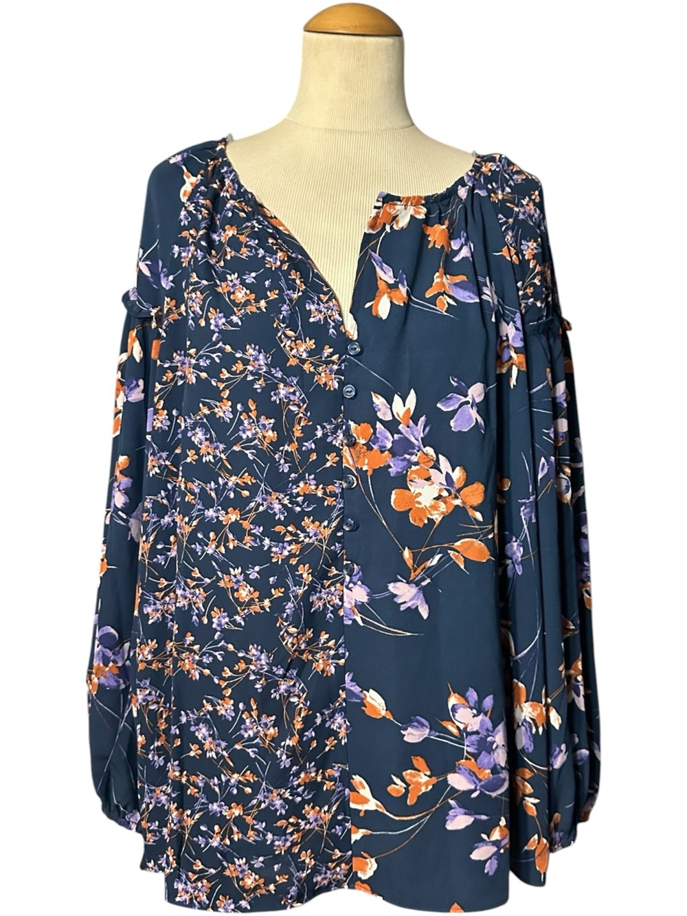 Zac & Rachel Floral Split-Print Blouse NWT Navy Orange Size XL